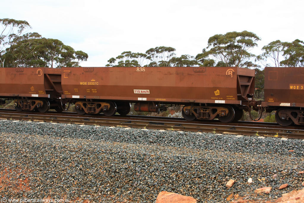 100822 5859
WOE type iron ore waggon WOE 33337 is one of a batch of one hundred and forty one built by United Goninan WA between November 2005 and April 2006 with serial number 950142-042 and fleet number 836 for Koolyanobbing iron ore operations, Binduli Triangle 22nd August 2010.
Keywords: WOE-type;WOE33337;United-Goninan-WA;950142-042;