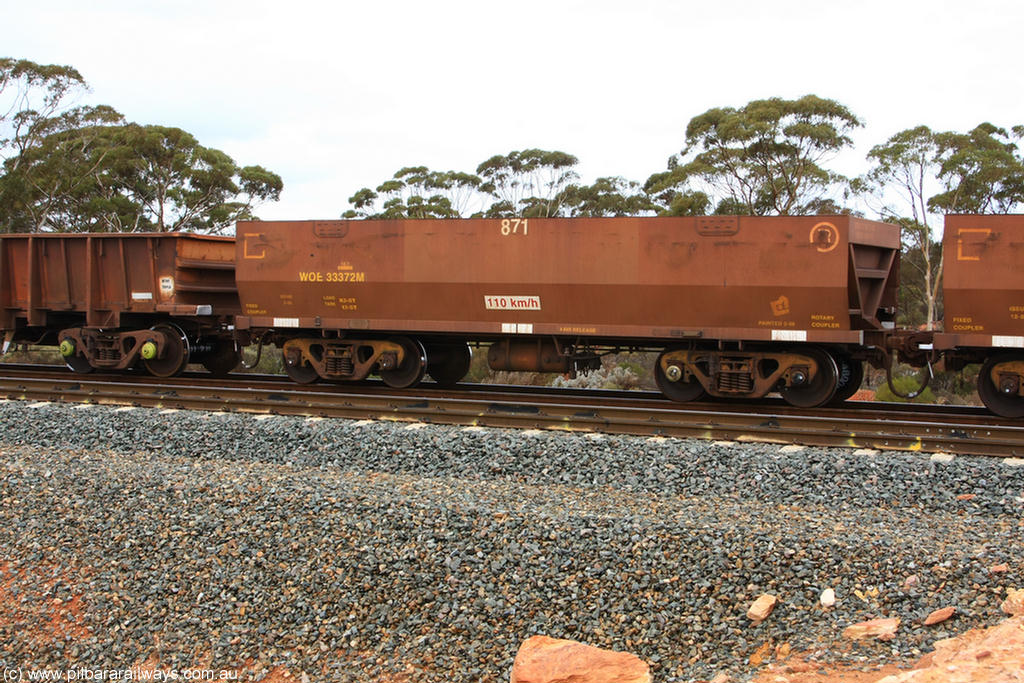 100822 5860
WOE type iron ore waggon WOE 33372 is one of a batch of one hundred and forty one built by United Goninan WA between November 2005 and April 2006 with serial number 950142-077 and fleet number 871 for Koolyanobbing iron ore operations, Binduli Triangle 22nd August 2010.
Keywords: WOE-type;WOE33372;United-Goninan-WA;950142-077;