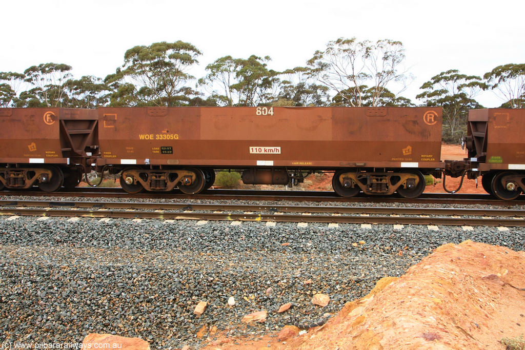 100822 5865
WOE type iron ore waggon WOE 33305 is one of a batch of one hundred and forty one built by United Goninan WA between November 2005 and April 2006 with serial number 950142-010 and fleet number 804 for Koolyanobbing iron ore operations, Binduli Triangle 22nd August 2010.
Keywords: WOE-type;WOE33305;United-Goninan-WA;950142-010;