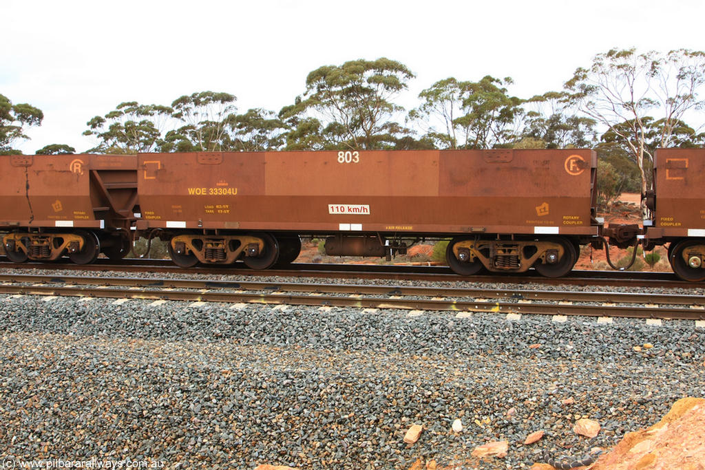 100822 5866
WOE type iron ore waggon WOE 33304 is one of a batch of one hundred and forty one built by United Goninan WA between November 2005 and April 2006 with serial number 950142-009 and fleet number 803 for Koolyanobbing iron ore operations, Binduli Triangle 22nd August 2010.
Keywords: WOE-type;WOE33304;United-Goninan-WA;950142-009;