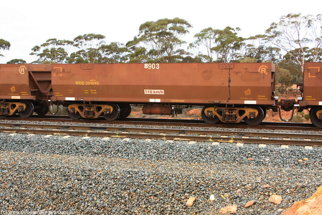100822 5867
WOE type iron ore waggon WOE 33404 is one of a batch of one hundred and forty one built by United Group Rail WA between November 2005 and April 2006 with serial number 950142-109 and fleet number 8903 for Koolyanobbing iron ore operations, Binduli Triangle 22nd August 2010.
Keywords: WOE-type;WOE33404;United-Group-Rail-WA;950142-109;
