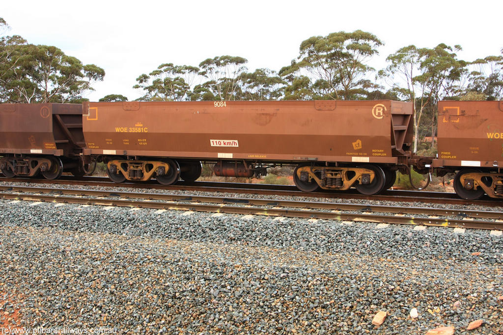 100822 5868
WOE type iron ore waggon WOE 33581 is one of a batch of one hundred and twenty eight built by United Group Rail WA between August 2008 and March 2009 with serial number 950211-121 and fleet number 9084 for Koolyanobbing iron ore operations, Binduli Triangle 22nd August 2010.
Keywords: WOE-type;WOE33581;United-Group-Rail-WA;950211-121;