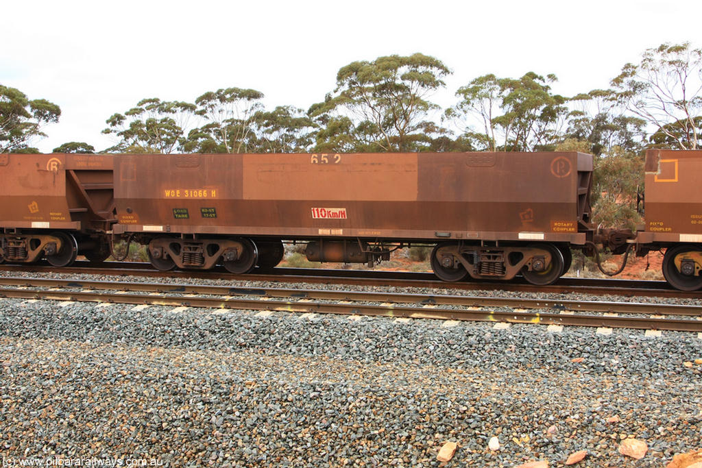 100822 5869
WOE type iron ore waggon WOE 31066 is one of a batch of one hundred and thirty built by Goninan WA between March and August 2001 with serial number 950092-056 and fleet number 652 for Koolyanobbing iron ore operations, Binduli Triangle 22nd August 2010.
Keywords: WOE-type;WOE31066;Goninan-WA;950092-056;