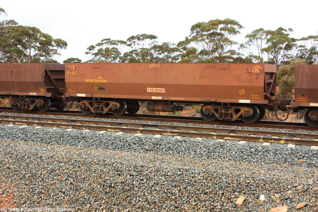 100822 5870
WOE type iron ore waggon WOE 33416 is one of a batch of one hundred and forty one built by United Group Rail WA between November 2005 and April 2006 with serial number 950142-121 and fleet number 8915 for Koolyanobbing iron ore operations, Binduli Triangle 22nd August 2010.
Keywords: WOE-type;WOE33416;United-Group-Rail-WA;950142-121;