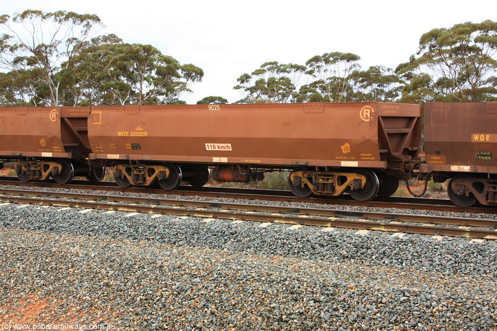 100822 5873
WOE type iron ore waggon WOE 33532 is one of a batch of one hundred and twenty eight built by United Group Rail WA between August 2008 and March 2009 with serial number 950211-072 and fleet number 9025 for Koolyanobbing iron ore operations, Binduli Triangle 22nd August 2010.
Keywords: WOE-type;WOE33532;United-Group-Rail-WA;950211-072;