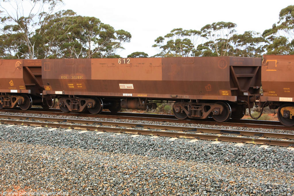 100822 5875
WOE type iron ore waggon WOE 30268 is one of a batch of one hundred and thirty built by Goninan WA between March and August 2001 with serial number 950092-018 and fleet number 612 for Koolyanobbing iron ore operations, Binduli Triangle 22nd August 2010.
Keywords: WOE-type;WOE30268;Goninan-WA;950092-018;