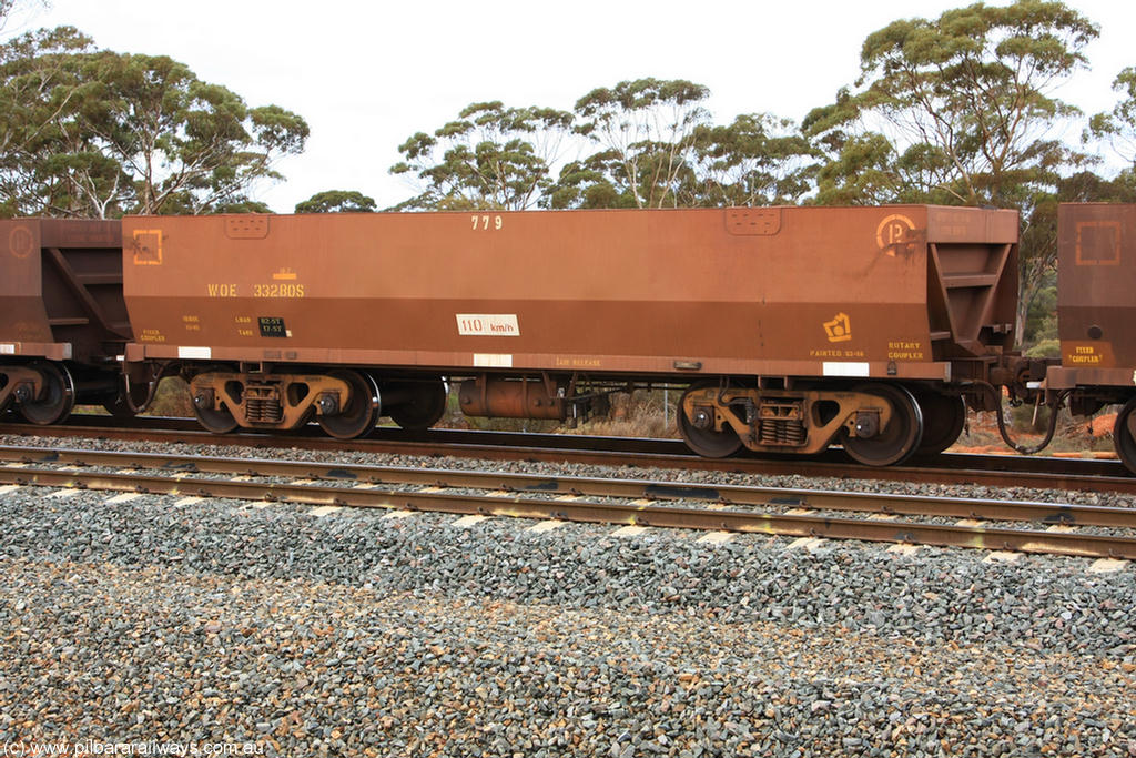 100822 5876
WOE type iron ore waggon WOE 33280 is one of a batch of thirty five built by United Goninan WA between January and April 2005 with serial number 950104-020 and fleet number 779 for Koolyanobbing iron ore operations, Binduli Triangle 22nd August 2010.
Keywords: WOE-type;WOE33280;United-Goninan-WA;950104-020;