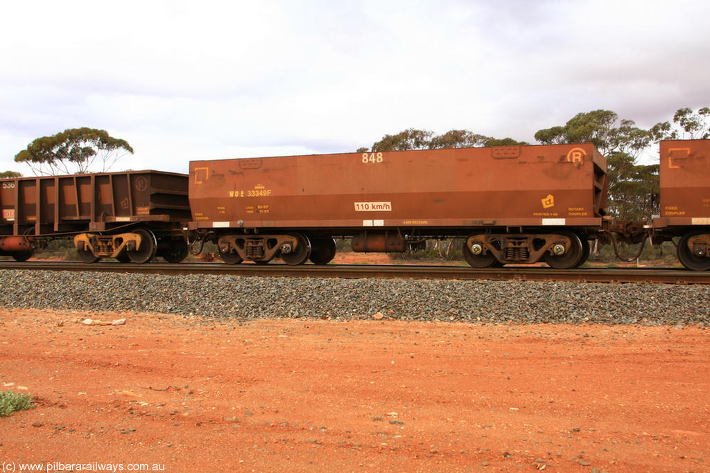 100822 5927
WOE type iron ore waggon WOE 33349 is one of a batch of one hundred and forty one built by United Goninan WA between November 2005 and April 2006 with serial number 950142-054 and fleet number 848 for Koolyanobbing iron ore operations, Binduli Triangle 22nd August 2010.
Keywords: WOE-type;WOE33349;United-Goninan-WA;950142-054;
