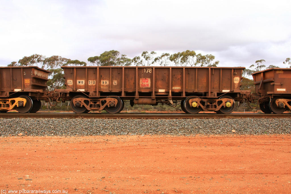 100822 5931
WO type iron ore waggon WO 31299 is one of a batch of fifteen built by WAGR Midland Workshops between July and October 1968 with fleet number 178 for Koolyanobbing iron ore operations, with a 75 ton and 1018 ft³ capacity, Binduli Triangle 22nd August 2010. This unit was converted to WOS superphosphate in the late 1980s till 1994 when it was re-classed back to WO.
Keywords: WO-type;WO31299;WAGR-Midland-WS;WOS-type
