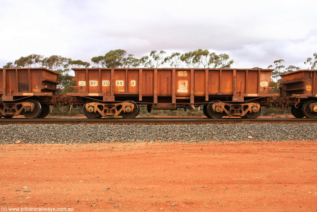 100822 5936
WO type iron ore waggon WO 31209 is leader of a batch of sixty two built by Goninan WA between April and August 2000 with serial number 950086-001 and fleet number 105 for Koolyanobbing iron ore operations, and is a Goninan built replacement WO type waggon with a build date of 05/2000, this replaces the original WAGR built WO type waggon with a WOD type with square features opposed to the curved ones as on the original WO, Binduli Triangle 22nd August 2010.
Keywords: WO-type;WO31209;Goninan-WA;950086-001;