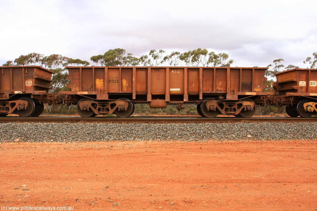 100822 5937
WOC type iron ore waggon WOC 31353 is one of a batch of thirty built by Goninan WA between October 1997 to January 1998 with fleet number 413 for Koolyanobbing iron ore operations with a 75 ton capacity, Binduli Triangle 22nd August 2010.
Keywords: WOC-type;WOC31353;Goninan-WA;