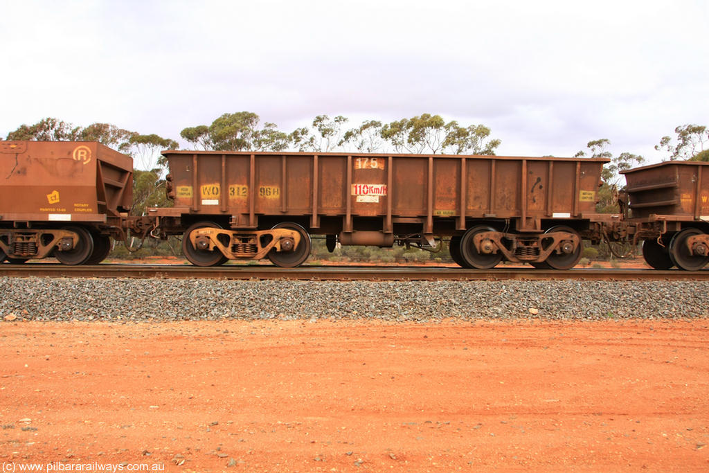 100822 5944
WO type iron ore waggon WO 31296 is one of a batch of fifteen built by WAGR Midland Workshops between July and October 1968 with fleet number 175 for Koolyanobbing iron ore operations, with a 75 ton and 1018 ft³ capacity, Binduli Triangle 22nd August 2010. This unit was converted to WOC for coal in 1986 till 1994 when it was re-classed back to WO.
Keywords: WO-type;WO31296;WAGR-Midland-WS;