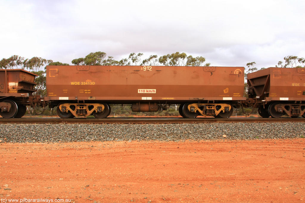100822 5949
WOE type iron ore waggon WOE 33413 is one of a batch of one hundred and forty one built by United Group Rail WA between November 2005 and April 2006 with serial number 950142-118 and fleet number 8912 for Koolyanobbing iron ore operations, Binduli Triangle 22nd August 2010.
Keywords: WOE-type;WOE33413;United-Group-Rail-WA;950142-118;