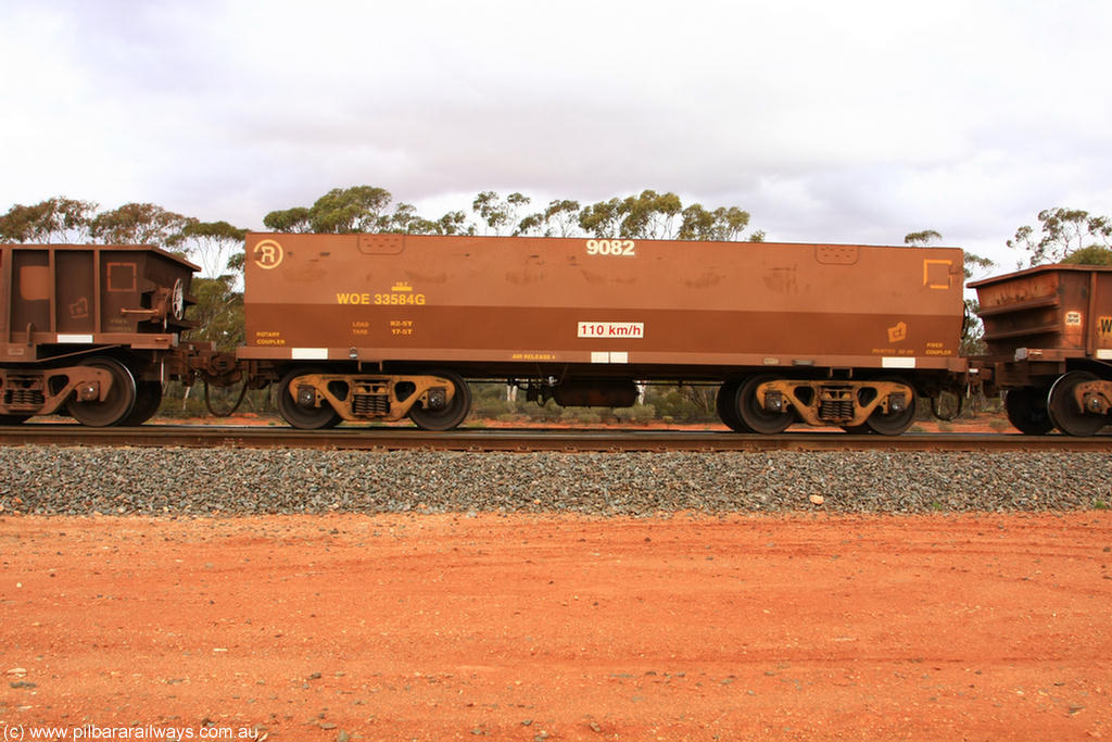 100822 5969
WOE type iron ore waggon WOE 33584 is one of a batch of one hundred and twenty eight built by United Group Rail WA between August 2008 and March 2009 with serial number 950211-124 and fleet number 9082 for Koolyanobbing iron ore operations, Binduli Triangle 22nd August 2010.
Keywords: WOE-type;WOE33584;United-Group-Rail-WA;950211-124;