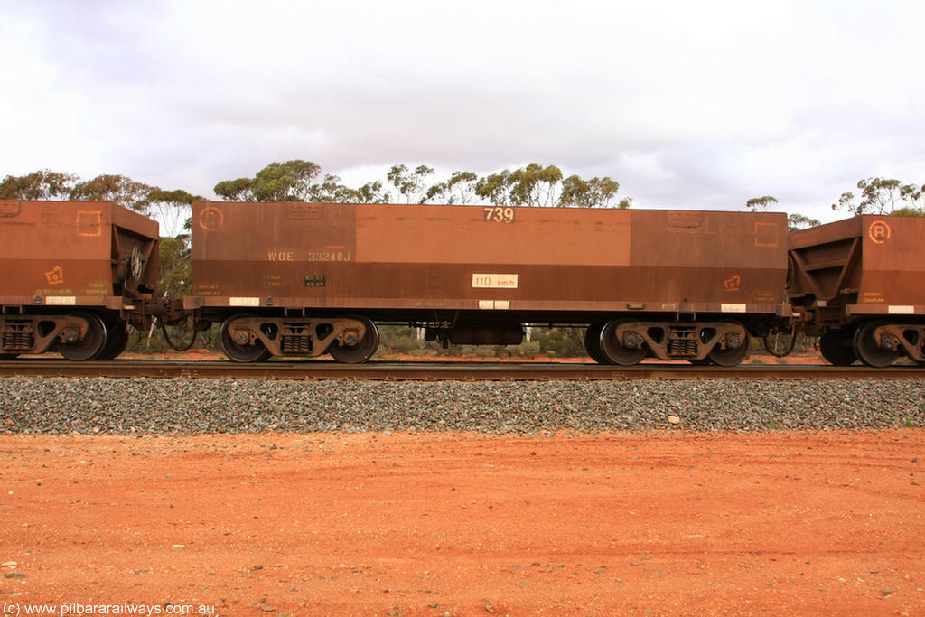 100822 5974
WOE type iron ore waggon WOE 33240 is one of a batch of twenty seven built by Goninan WA between September and October 2002 with serial number 950103-007 and fleet number 739 for Koolyanobbing iron ore operations, Binduli Triangle 22nd August 2010.
Keywords: WOE-type;WOE33240;Goninan-WA;950103-007;