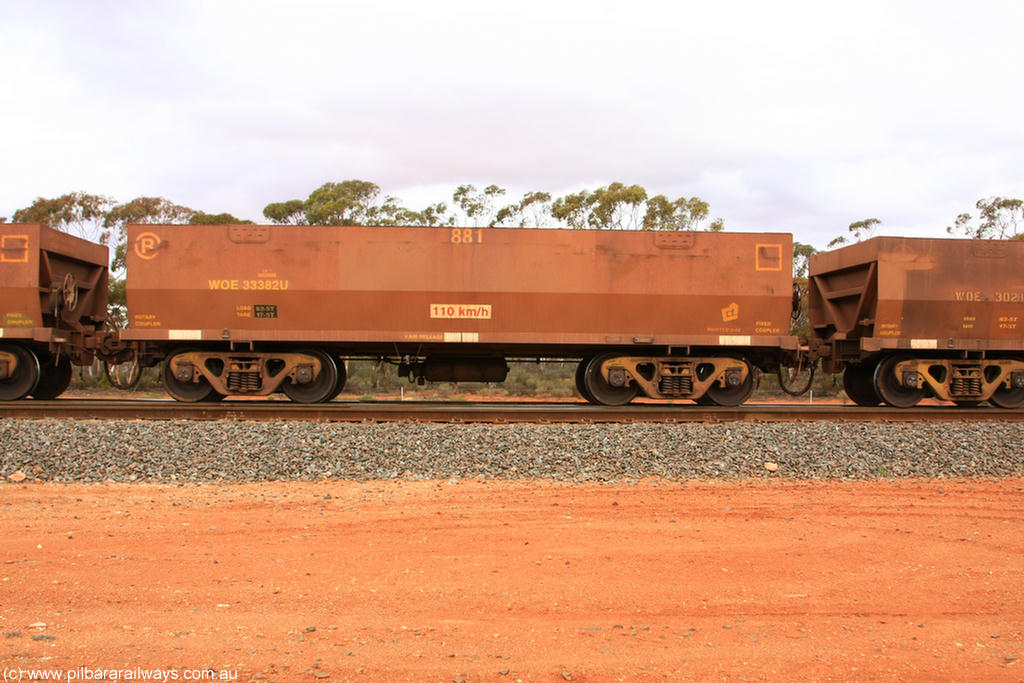 100822 5981
WOE type iron ore waggon WOE 33382 is one of a batch of one hundred and forty one built by United Group Rail WA between November 2005 and April 2006 with serial number 950142-087 and fleet number 881 for Koolyanobbing iron ore operations, Binduli Triangle 22nd August 2010.
Keywords: WOE-type;WOE33382;United-Group-Rail-WA;950142-087;