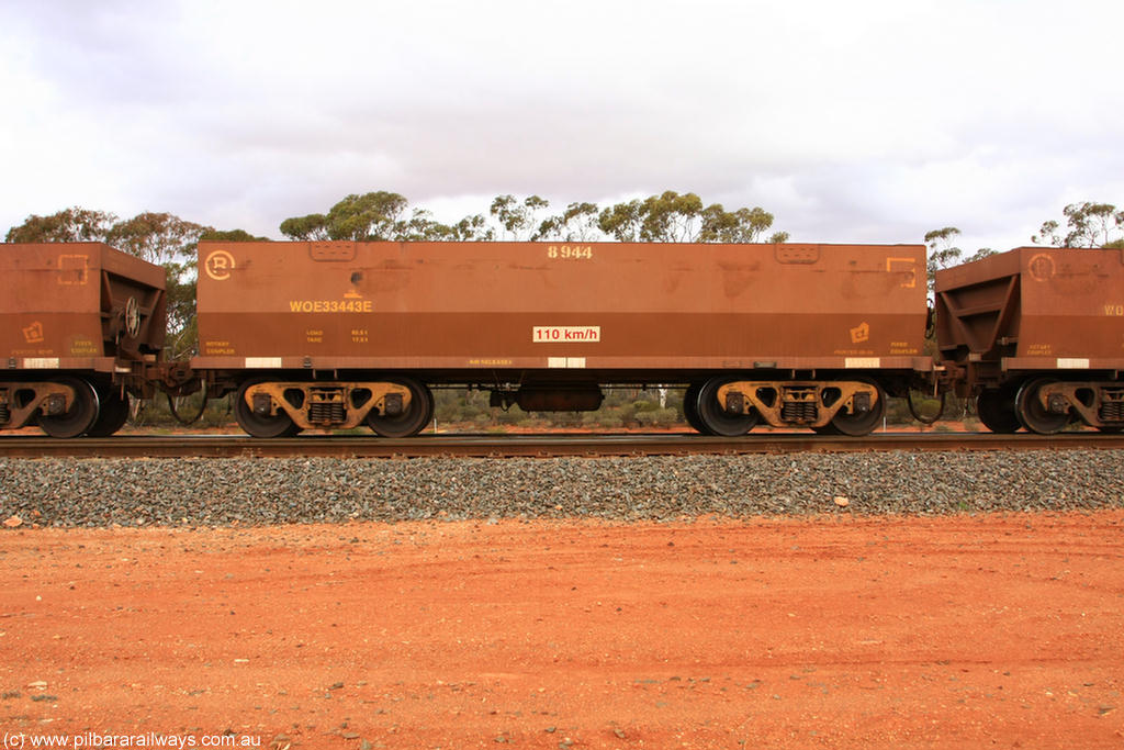 100822 5988
WOE type iron ore waggon WOE 33443 is one of a batch of seventeen built by United Group Rail WA between July and August 2008 with serial number 950209-007 and fleet number 8944 for Koolyanobbing iron ore operations, Binduli Triangle 22nd August 2010.
Keywords: WOE-type;WOE33443;United-Group-Rail-WA;950209-007;