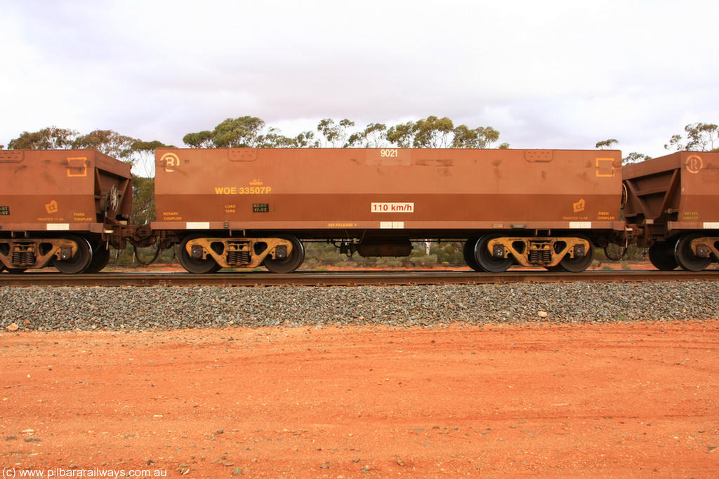 100822 5990
WOE type iron ore waggon WOE 33507 is one of a batch of one hundred and twenty eight built by United Group Rail WA between August 2008 and March 2009 with serial number 950211-047 and fleet number 9021 for Koolyanobbing iron ore operations, Binduli Triangle 22nd August 2010.
Keywords: WOE-type;WOE33507;United-Group-Rail-WA;950211-047;