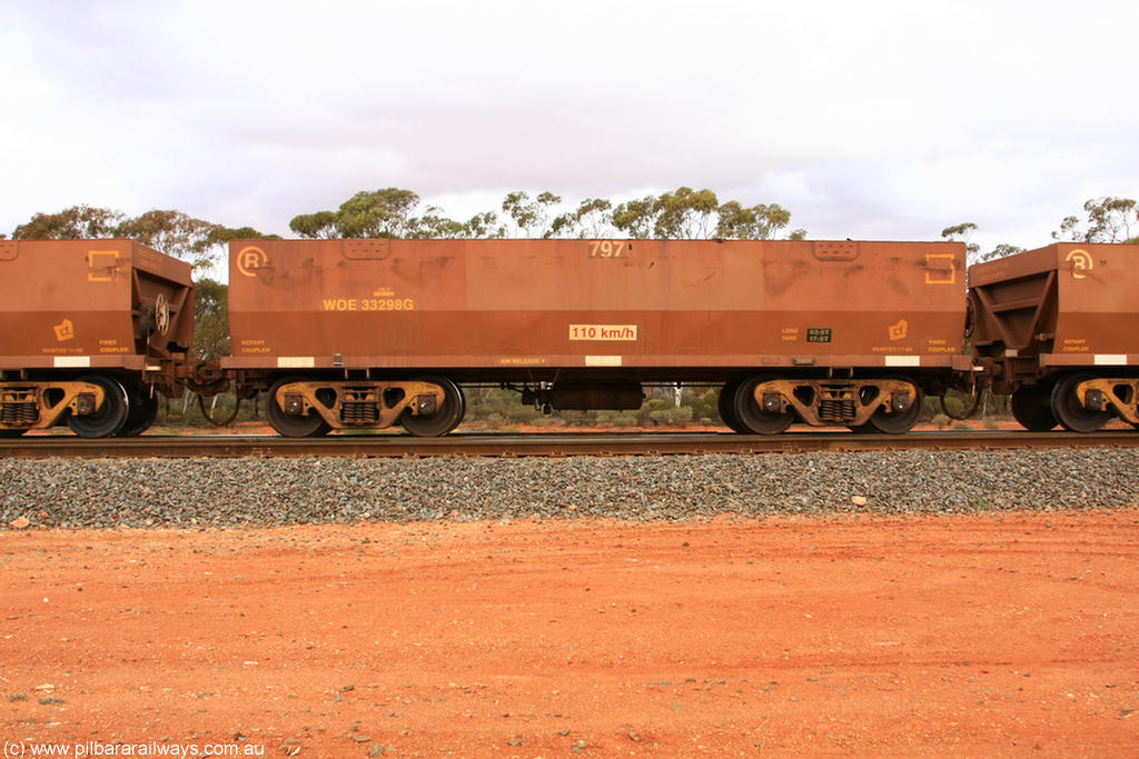 100822 5991
WOE type iron ore waggon WOE 33298 is one of a batch of one hundred and forty one built by United Goninan WA between November 2005 and April 2006 with serial number 950142-003 and fleet number 797 for Koolyanobbing iron ore operations, Binduli Triangle 22nd August 2010.
Keywords: WOE-type;WOE33298;United-Goninan-WA;950142-003;