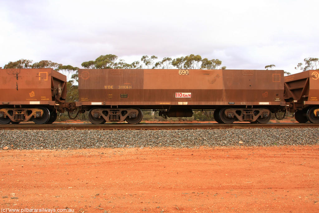 100822 5993
WOE type iron ore waggon WOE 31106 is one of a batch of one hundred and thirty built by Goninan WA between March and August 2001 with serial number 950092-096 and fleet number 690 for Koolyanobbing iron ore operations, Binduli Triangle 22nd August 2010.
Keywords: WOE-type;WOE31106;Goninan-WA;950092-096;