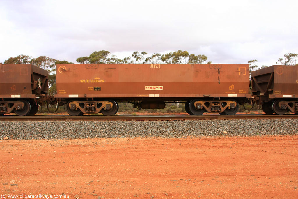 100822 5994
WOE type iron ore waggon WOE 33364 is one of a batch of one hundred and forty one built by United Goninan WA between November 2005 and April 2006 with serial number 950142-069 and fleet number 863 for Koolyanobbing iron ore operations, Binduli Triangle 22nd August 2010.
Keywords: WOE-type;WOE33364;United-Goninan-WA;950142-069;
