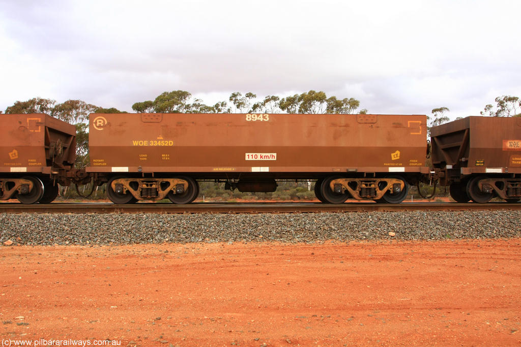 100822 5998
WOE type iron ore waggon WOE 33452 is one of a batch of seventeen built by United Group Rail WA between July and August 2008 with serial number 950209-016 and fleet number 8943 for Koolyanobbing iron ore operations, Binduli Triangle 22nd August 2010.
Keywords: WOE-type;WOE33452;United-Group-Rail-WA;950209-016;