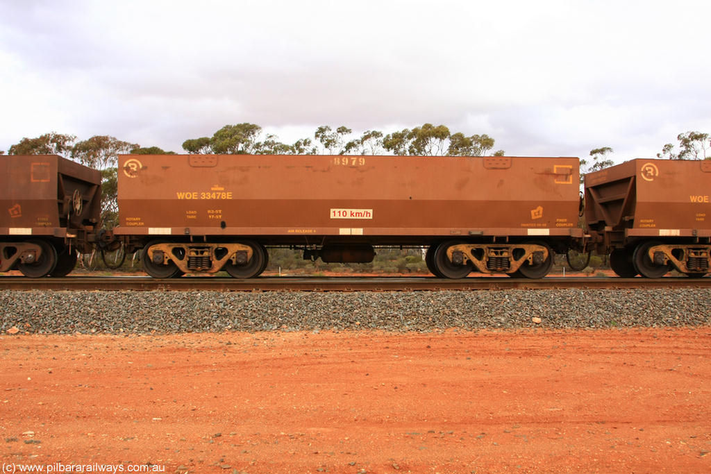 100822 6005
WOE type iron ore waggon WOE 33478 is one of a batch of one hundred and twenty eight built by United Group Rail WA between August 2008 and March 2009 with serial number 950211-020 and fleet number 8979 for Koolyanobbing iron ore operations, Binduli Triangle 22nd August 2010.
Keywords: WOE-type;WOE33478;United-Group-Rail-WA;950211-020;