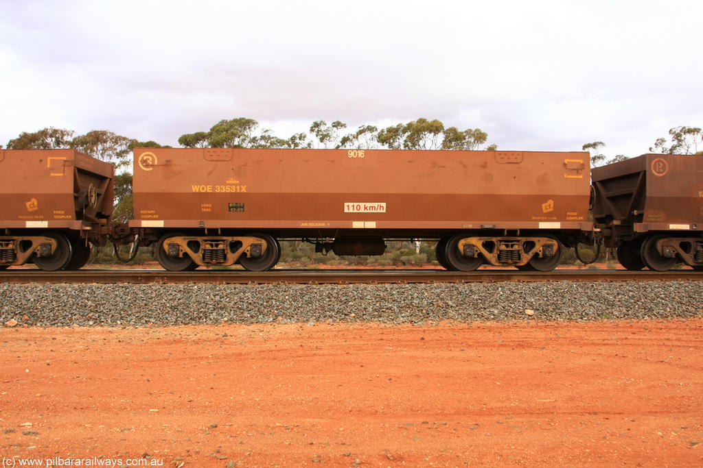 100822 6007
WOE type iron ore waggon WOE 33531 is one of a batch of one hundred and twenty eight built by United Group Rail WA between August 2008 and March 2009 with serial number 950211-071 and fleet number 9016 for Koolyanobbing iron ore operations, Binduli Triangle 22nd August 2010.
Keywords: WOE-type;WOE33531;United-Group-Rail-WA;950211-071;