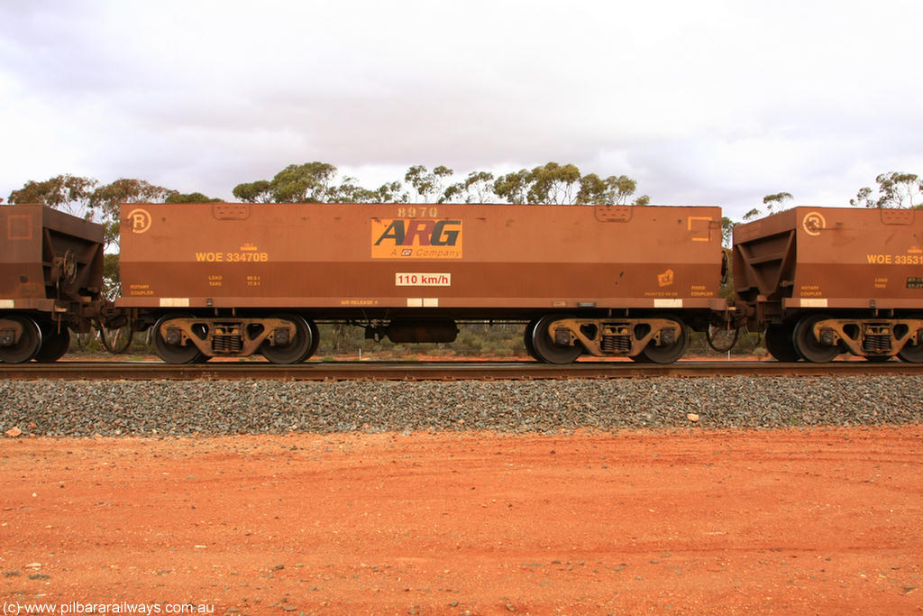 100822 6008
WOE type iron ore waggon WOE 33470 is one of a batch of one hundred and twenty eight built by United Group Rail WA between August 2008 and March 2009 with serial number 950211-012 and fleet number 8970 for Koolyanobbing iron ore operations, the 8 being a addition due to fleet size, build date of 06/2006 with a revised load of 82.5 tonnes, with PORTMAN painted out and an ARG decal applied to the side, Binduli Triangle 22nd August 2010.
Keywords: WOE-type;WOE33470;United-Group-Rail-WA;950211-012;