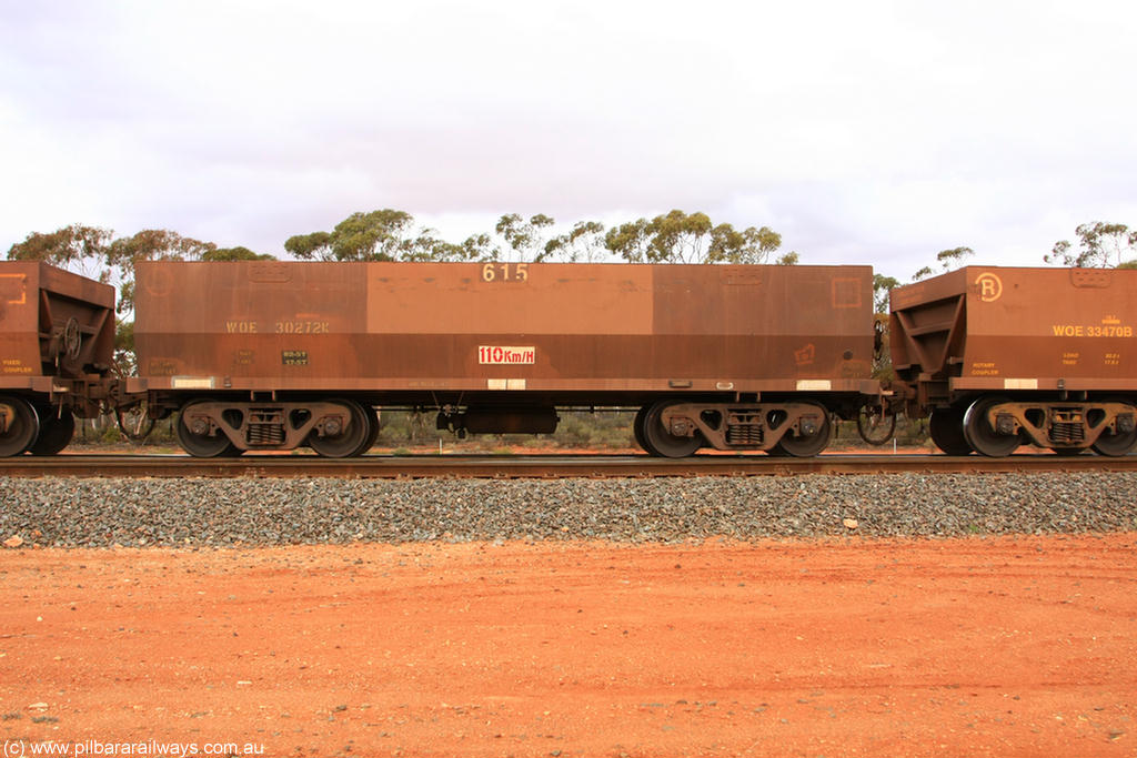 100822 6009
WOE type iron ore waggon WOE 30272 is one of a batch of one hundred and thirty built by Goninan WA between March and August 2001 with serial number 950092-022 and fleet number 615 for Koolyanobbing iron ore operations of 83 tonne load capacity, Binduli Triangle 22nd August 2010.
Keywords: WOE-type;WOE30272;Goninan-WA;950092-022;