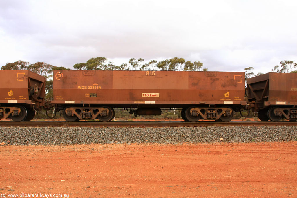 100822 6010
WOE type iron ore waggon WOE 33316 is one of a batch of one hundred and forty one built by United Goninan WA between November 2005 and April 2006 with serial number 950142-021 and fleet number 815 for Koolyanobbing iron ore operations, Binduli Triangle 22nd August 2010.
Keywords: WOE-type;WOE33316;United-Goninan-WA;950142-021;