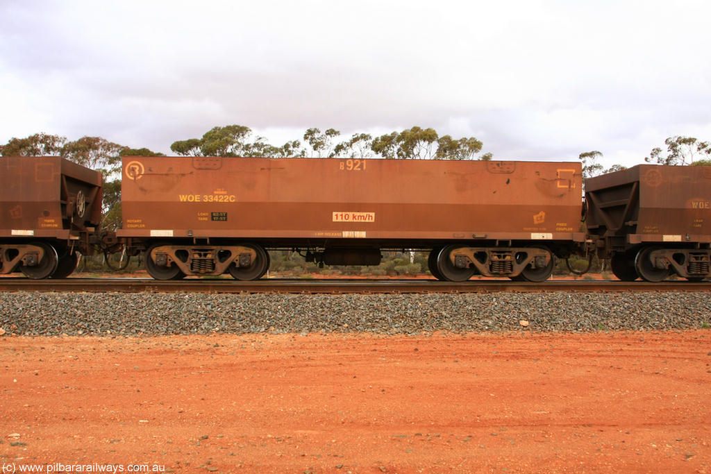 100822 6013
WOE type iron ore waggon WOE 33422 is one of a batch of one hundred and forty one built by United Group Rail WA between November 2005 and April 2006 with serial number 950142-127 and fleet number 8921 for Koolyanobbing iron ore operations, Binduli Triangle 22nd August 2010.
Keywords: WOE-type;WOE33422;United-Group-Rail-WA;950142-127;
