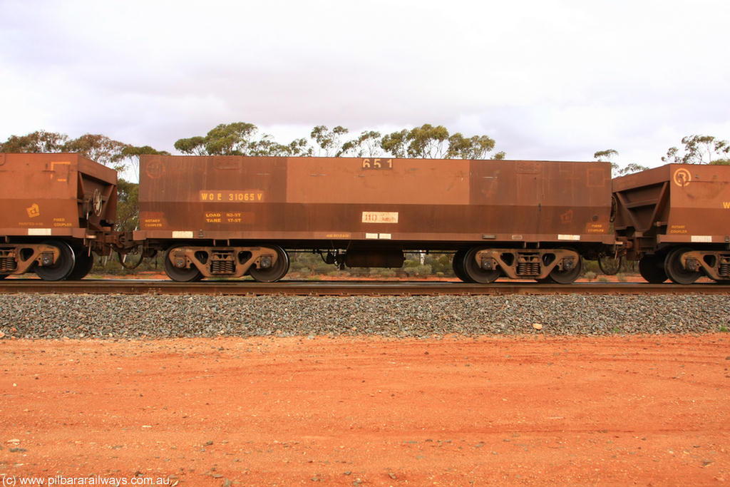 100822 6014
WOE type iron ore waggon WOE 31065 is one of a batch of one hundred and thirty built by Goninan WA between March and August 2001 with serial number 950092-055 and fleet number 651 for Koolyanobbing iron ore operations, Binduli Triangle 22nd August 2010.
Keywords: WOE-type;WOE31065;Goninan-WA;950092-055;