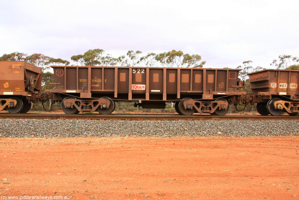 100822 6017
WOD type iron ore waggon WOD 31459 is one of a batch of sixty two built by Goninan WA between April and August 2000 with serial number 950086-031 and fleet number 522 for Koolyanobbing iron ore operations with a 75 ton capacity build date 06/2000 for Portman Mining, with PORTMAN painted out, Binduli Triangle 22nd August 2010.
Keywords: WOD-type;WOD31459;Goninan-WA;950086-031;