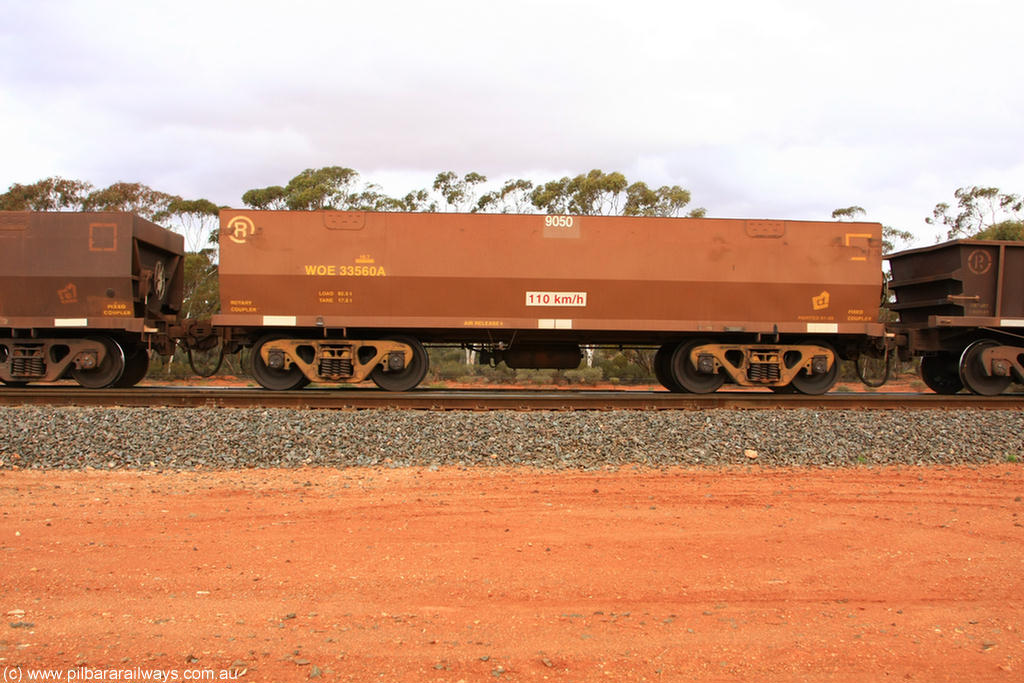 100822 6018
WOE type iron ore waggon WOE 33560 is one of a batch of one hundred and twenty eight built by United Group Rail WA between August 2008 and March 2009 with serial number 950211-100 and fleet number 9050 for Koolyanobbing iron ore operations, Binduli Triangle 22nd August 2010.
Keywords: WOE-type;WOE33560;United-Group-Rail-WA;950211-100;