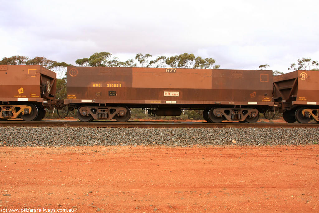 100822 6019
WOE type iron ore waggon WOE 31092 is one of a batch of one hundred and thirty built by Goninan WA between March and August 2001 with serial number 950092-082 and fleet number 677 for Koolyanobbing iron ore operations, Binduli Triangle 22nd August 2010.
Keywords: WOE-type;WOE31092;Goninan-WA;950092-082;