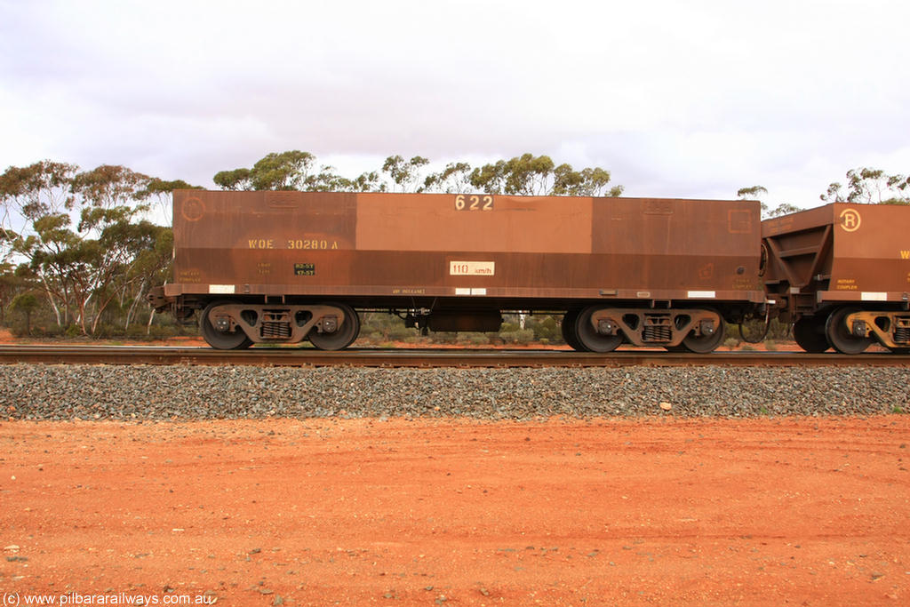 100822 6021
WOE type iron ore waggon WOE 30280 is one of a batch of one hundred and thirty built by Goninan WA between March and August 2001 with serial number 950092-030 and fleet number 622 for Koolyanobbing iron ore operations, Binduli Triangle 22nd August 2010.
Keywords: WOE-type;WOE30280;Goninan-WA;950092-030;