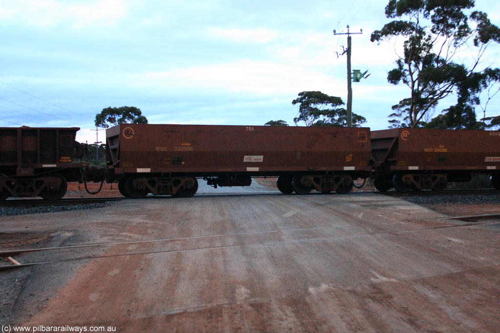 100822 6208
WOE type iron ore waggon WOE 33259 is one of a batch of twenty seven built by Goninan WA between September and October 2002 with serial number 950103-026 and fleet number 758 for Koolyanobbing iron ore operations, on empty train 1416 at Hampton, 22nd August 2010.
Keywords: WOE-type;WOE33259;Goninan-WA;950103-026;