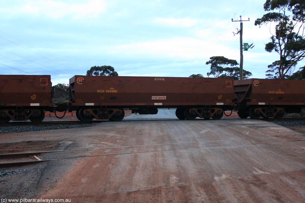 100822 6209
WOE type iron ore waggon WOE 33439 is one of a batch of seventeen built by United Group Rail WA between July and August 2008 with serial number 950209-003 and fleet number 8940 for Koolyanobbing iron ore operations, on empty train 1416 at Hampton, 22nd August 2010.
Keywords: WOE-type;WOE33439;United-Group-Rail-WA;950209-003;