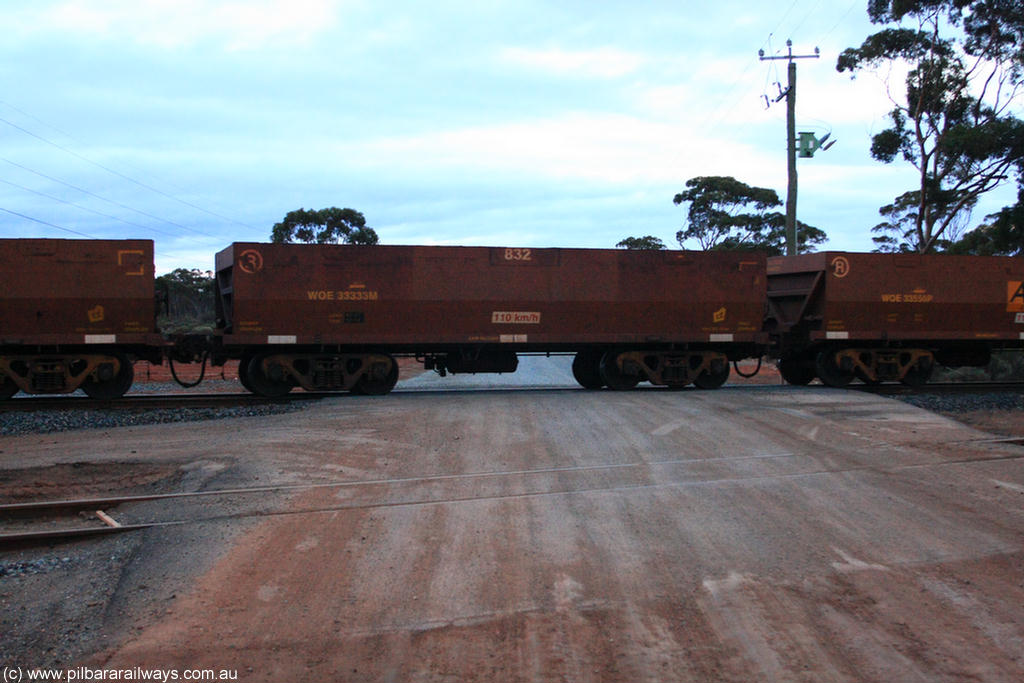 100822 6211
WOE type iron ore waggon WOE 33333 is one of a batch of one hundred and forty one built by United Goninan WA between November 2005 and April 2006 with serial number 950142-038 and fleet number 832 for Koolyanobbing iron ore operations, on empty train 1416 at Hampton, 22nd August 2010.
Keywords: WOE-type;WOE33333;United-Goninan-WA;950142-038;
