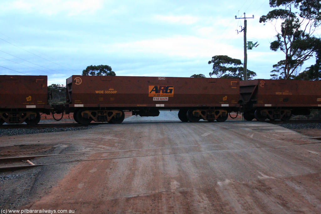 100822 6212
WOE type iron ore waggon WOE 33550 is one of a batch of one hundred and twenty eight built by United Group Rail WA between August 2008 and March 2009 with serial number 950211-090 and fleet number 9040 for Koolyanobbing iron ore operations, on empty train 1416 at Hampton, 22nd August 2010.
Keywords: WOE-type;WOE33550;United-Group-Rail-WA;950211-090;