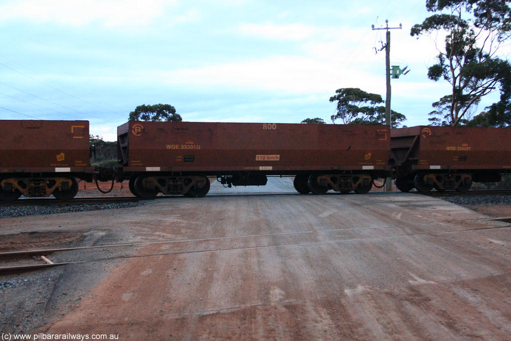 100822 6213
WOE type iron ore waggon WOE 33301 is one of a batch of one hundred and forty one built by United Goninan WA between November 2005 and April 2006 with serial number 950142-006 and fleet number 800 for Koolyanobbing iron ore operations, on empty train 1416 at Hampton, 22nd August 2010.
Keywords: WOE-type;WOE33301;United-Goninan-WA;950142-006;