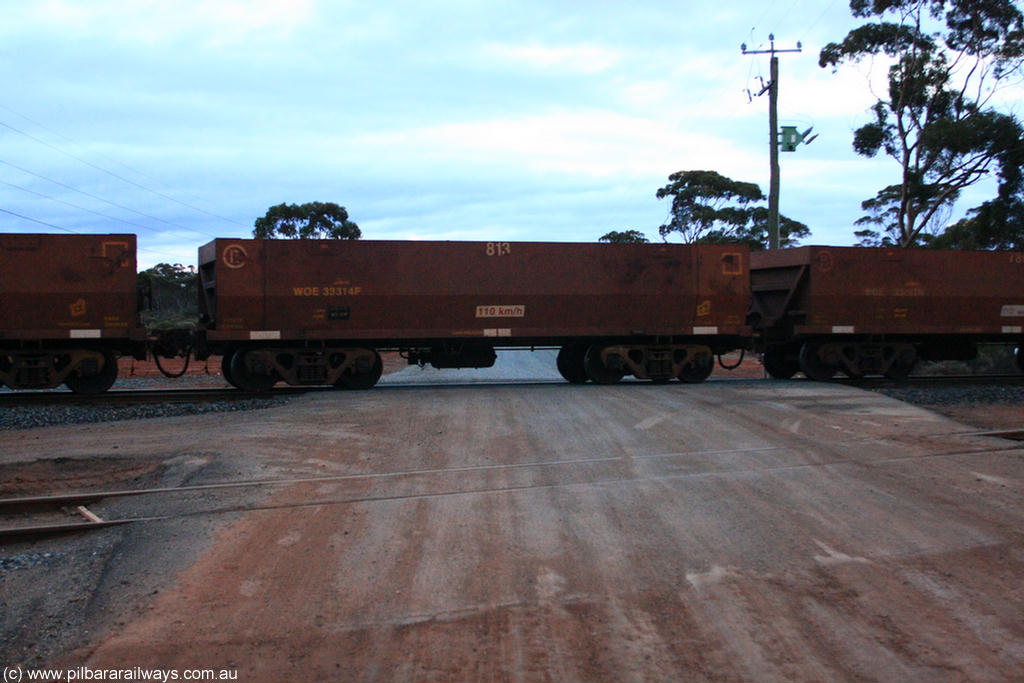 100822 6215
WOE type iron ore waggon WOE 33314 is one of a batch of one hundred and forty one built by United Goninan WA between November 2005 and April 2006 with serial number 950142-019 and fleet number 813 for Koolyanobbing iron ore operations, on empty train 1416 at Hampton, 22nd August 2010.
Keywords: WOE-type;WOE33314;United-Goninan-WA;950142-019;