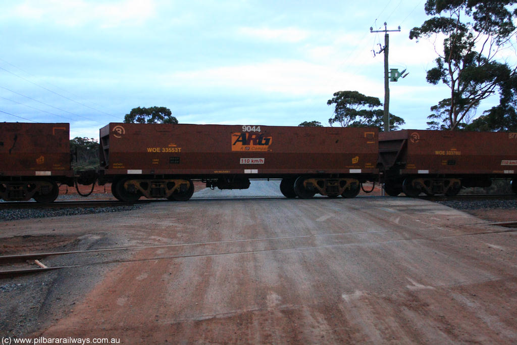 100822 6219
WOE type iron ore waggon WOE 33553 is one of a batch of one hundred and twenty eight built by United Group Rail WA between August 2008 and March 2009 with serial number 950211-093 and fleet number 9044 for Koolyanobbing iron ore operations, on empty train 1416 at Hampton, 22nd August 2010.
Keywords: WOE-type;WOE33553;United-Group-Rail-WA;950211-093;