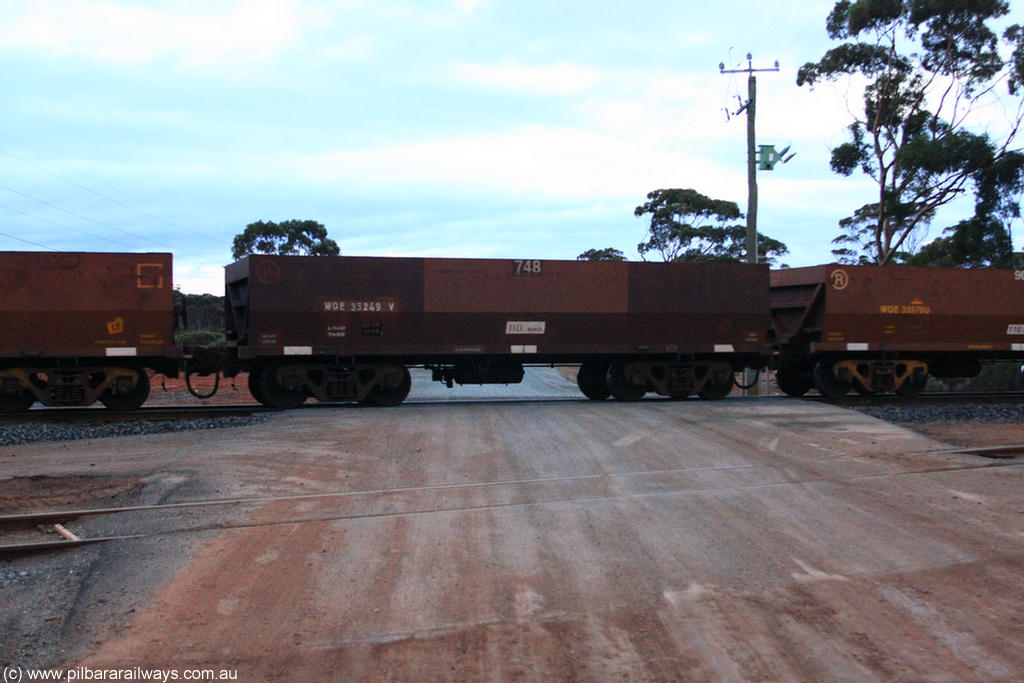 100822 6221
WOE type iron ore waggon WOE 33249 is one of a batch of twenty seven built by Goninan WA between September and October 2002 with serial number 950103-016 and fleet number 748 for Koolyanobbing iron ore operations, on empty train 1416 at Hampton, 22nd August 2010.
Keywords: WOE-type;WOE33249;Goninan-WA;950103-016;