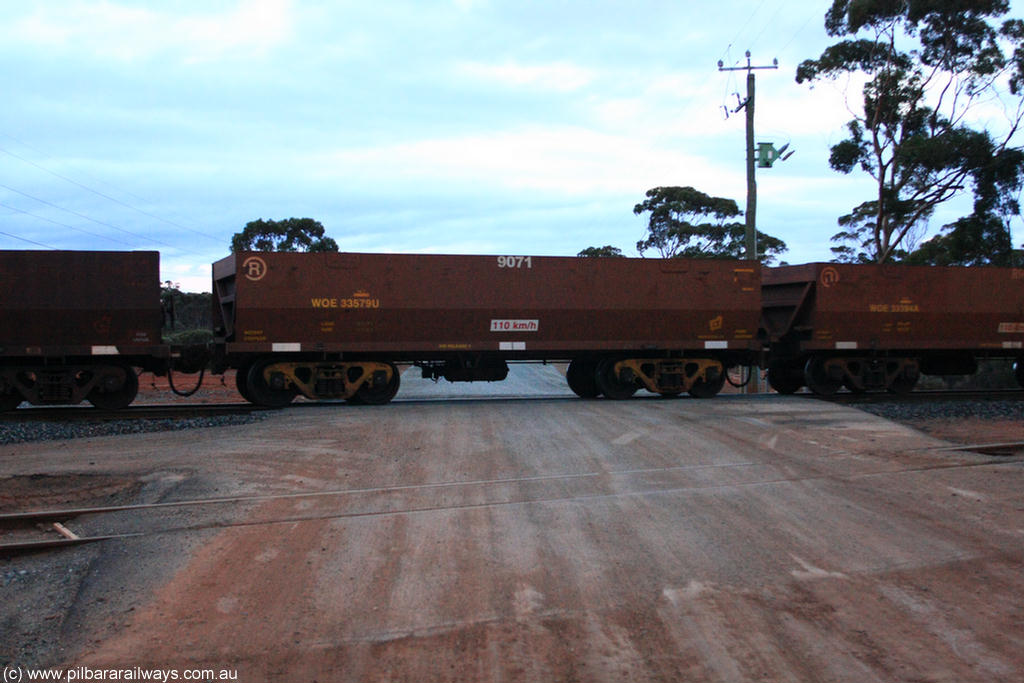 100822 6222
WOE type iron ore waggon WOE 33579 is one of a batch of one hundred and twenty eight built by United Group Rail WA between August 2008 and March 2009 with serial number 950211-104 and fleet number 9071 for Koolyanobbing iron ore operations, on empty train 1416 at Hampton, 22nd August 2010.
Keywords: WOE-type;WOE33579;United-Group-Rail-WA;950211-104;