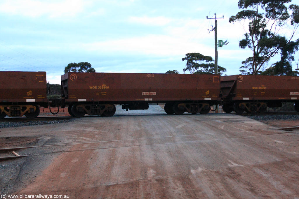 100822 6223
WOE type iron ore waggon WOE 33394 is one of a batch of one hundred and forty one built by United Group Rail WA between November 2005 and April 2006 with serial number 950142-099 and fleet number 893 for Koolyanobbing iron ore operations, on empty train 1416 at Hampton, 22nd August 2010.
Keywords: WOE-type;WOE33394;United-Group-Rail-WA;950142-099;