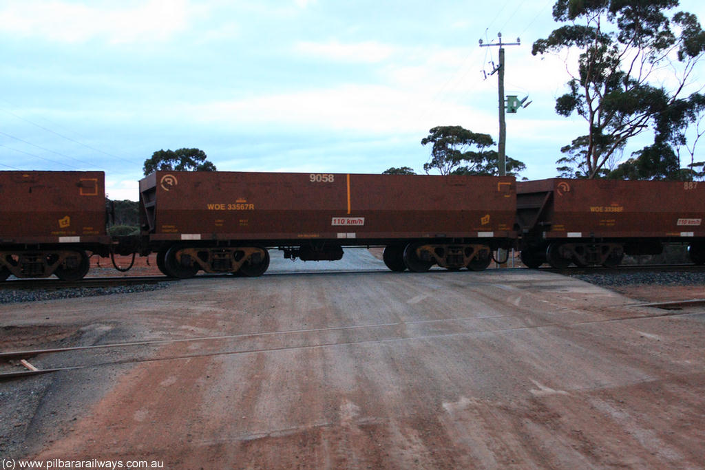 100822 6227
WOE type iron ore waggon WOE 33567 is one of a batch of one hundred and twenty eight built by United Group Rail WA between August 2008 and March 2009 with serial number 950211-107 and fleet number 9058 for Koolyanobbing iron ore operations, on empty train 1416 at Hampton, 22nd August 2010.
Keywords: WOE-type;WOE33567;United-Group-Rail-WA;950211-107;