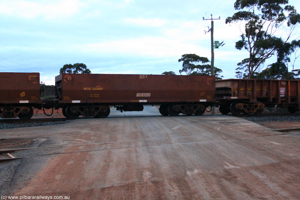 100822 6228
WOE type iron ore waggon WOE 33388 is one of a batch of one hundred and forty one built by United Group Rail WA between November 2005 and April 2006 with serial number 950142-093 and fleet number 887 for Koolyanobbing iron ore operations, on empty train 1416 at Hampton, 22nd August 2010.
Keywords: WOE-type;WOE33388;United-Group-Rail-WA;950142-093;