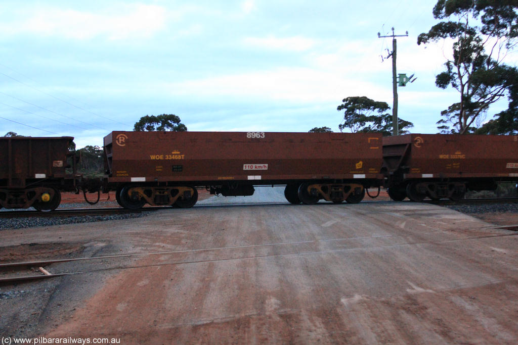 100822 6234
WOE type iron ore waggon WOE 33468 is one of a batch of one hundred and twenty eight built by United Group Rail WA between August 2008 and March 2009 with serial number 950211-010 and fleet number 8963 for Koolyanobbing iron ore operations, on empty train 1416 at Hampton, 22nd August 2010.
Keywords: WOE-type;WOE33468;United-Group-Rail-WA;950211-010;